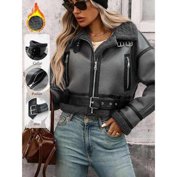 Women Faux Lamb Fur Leather Short Jacket Lapel Zipper Bomber Aviator Coat Grey - Picture 2 of 9